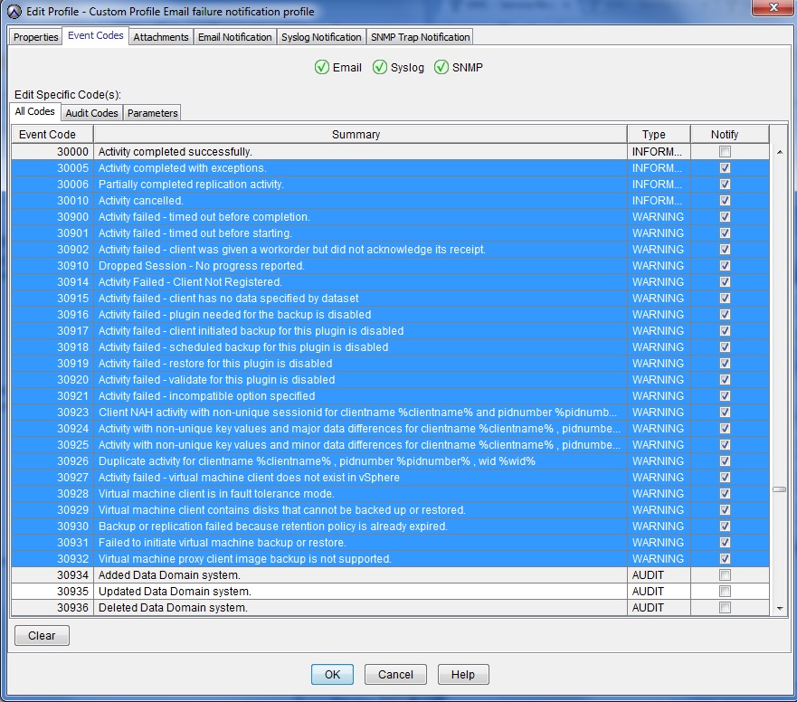 Schermata dei codici evento