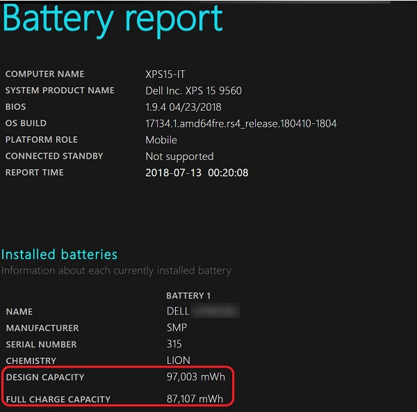 Rapport sur la batterie Windows, capacité nominale et capacité de charge complète