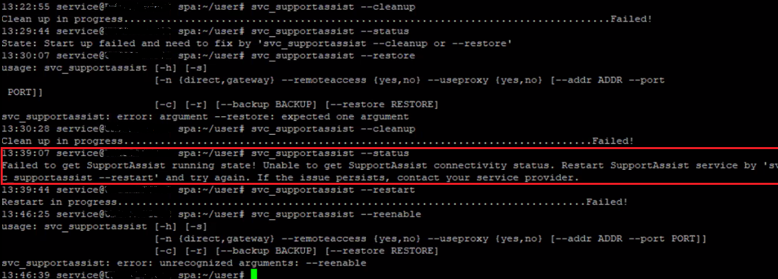 Salida del comando svc_supportassist