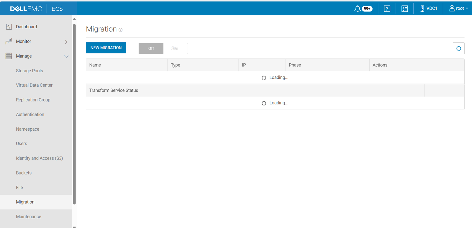 ECS GUI 上的“Migration”选项卡