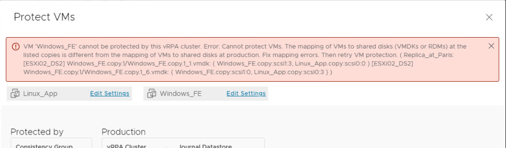 Protect VM error