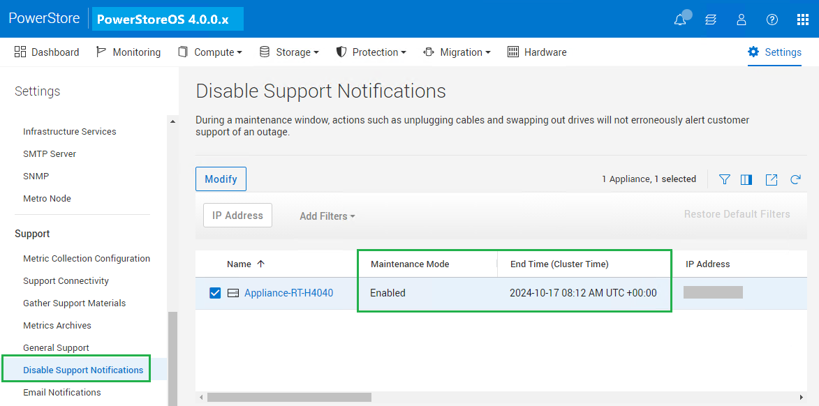 Screenshot of Maintenance Window Enabled on PowerStoreOS 4.0.0.x