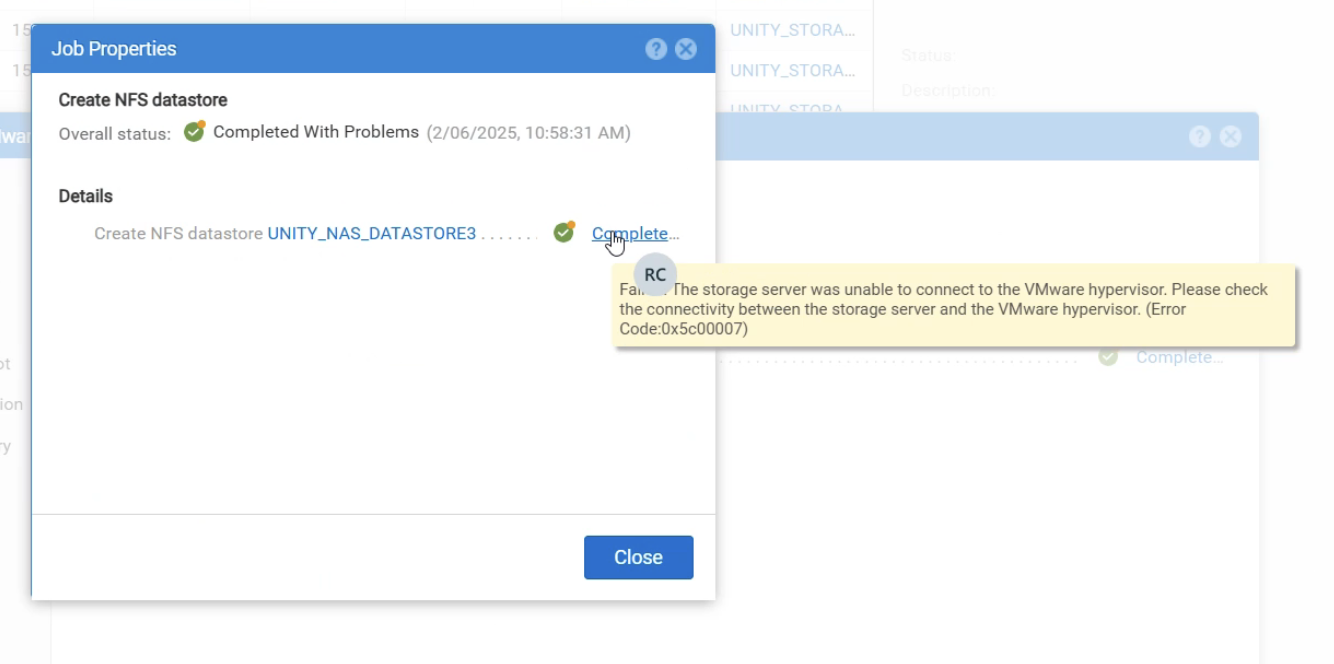 Creazione del datastore NFS completata con problema - Codice errore: 0x5c00007