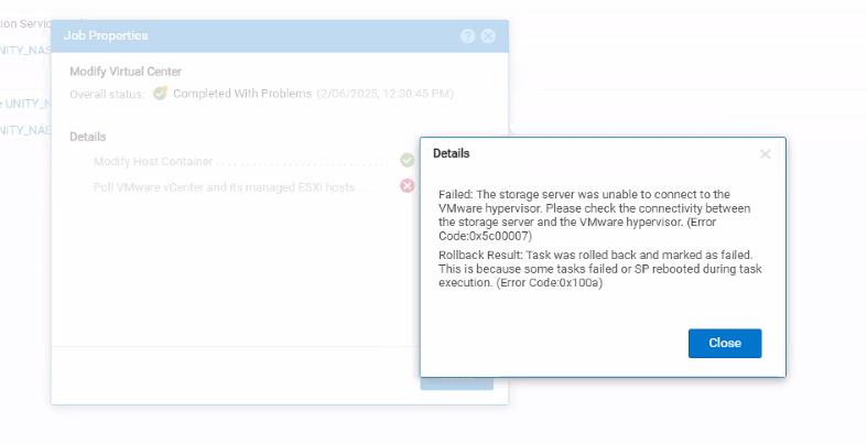 UnisphereでvCenter認証情報が更新されていない場合、エラー メッセージに失敗しました。