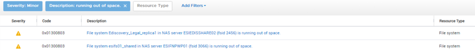 Screen shot of Filesystem Space Alert 0x01300803 in GUI