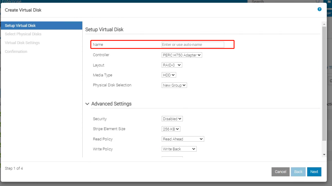 用户在配置阵列的中的Virtual Disk名称中使用了空格或其他非法字符导致