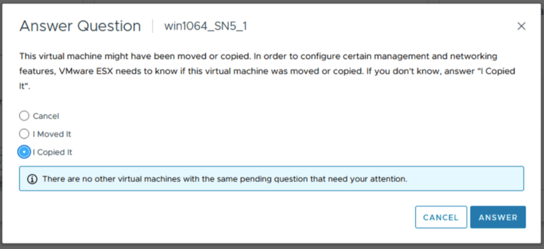 回答有關複製虛擬機器的問題。