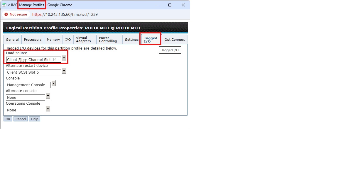 LPAR-profil TAGGED I/O-indstilling
