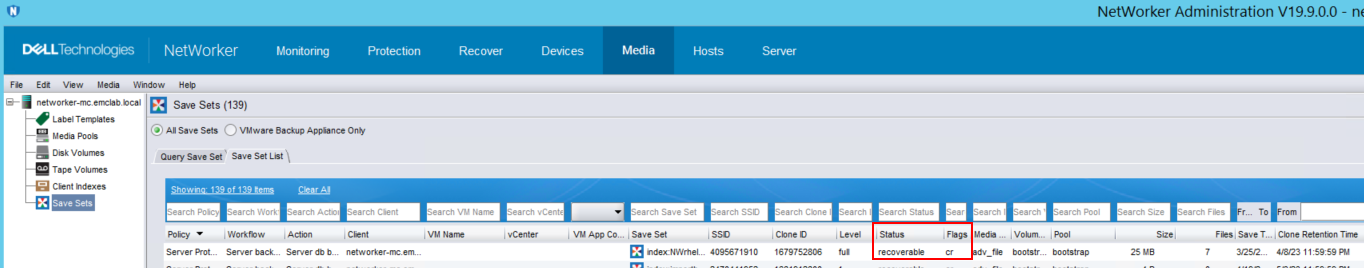 Screenshot des SaveSet-Status