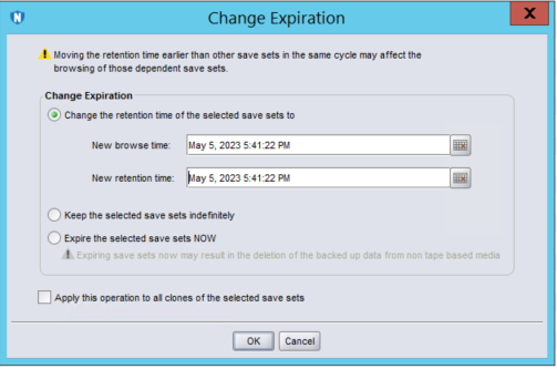 Skärmbild av Browsable Save Set Change Expiration Screen