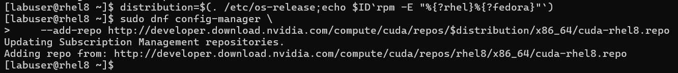 Visuelt output i terminal af de 2 kommandoer til installation af lagermetadata og CUDA GPG-nøglen
