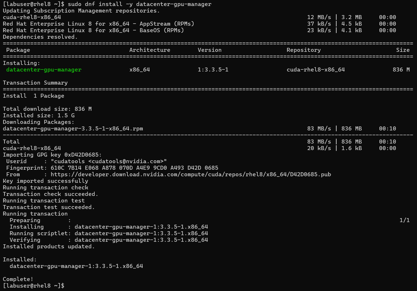 執行命令「sudo dnf install -y datacenter-gpu-manager」及對應輸出的終端機。