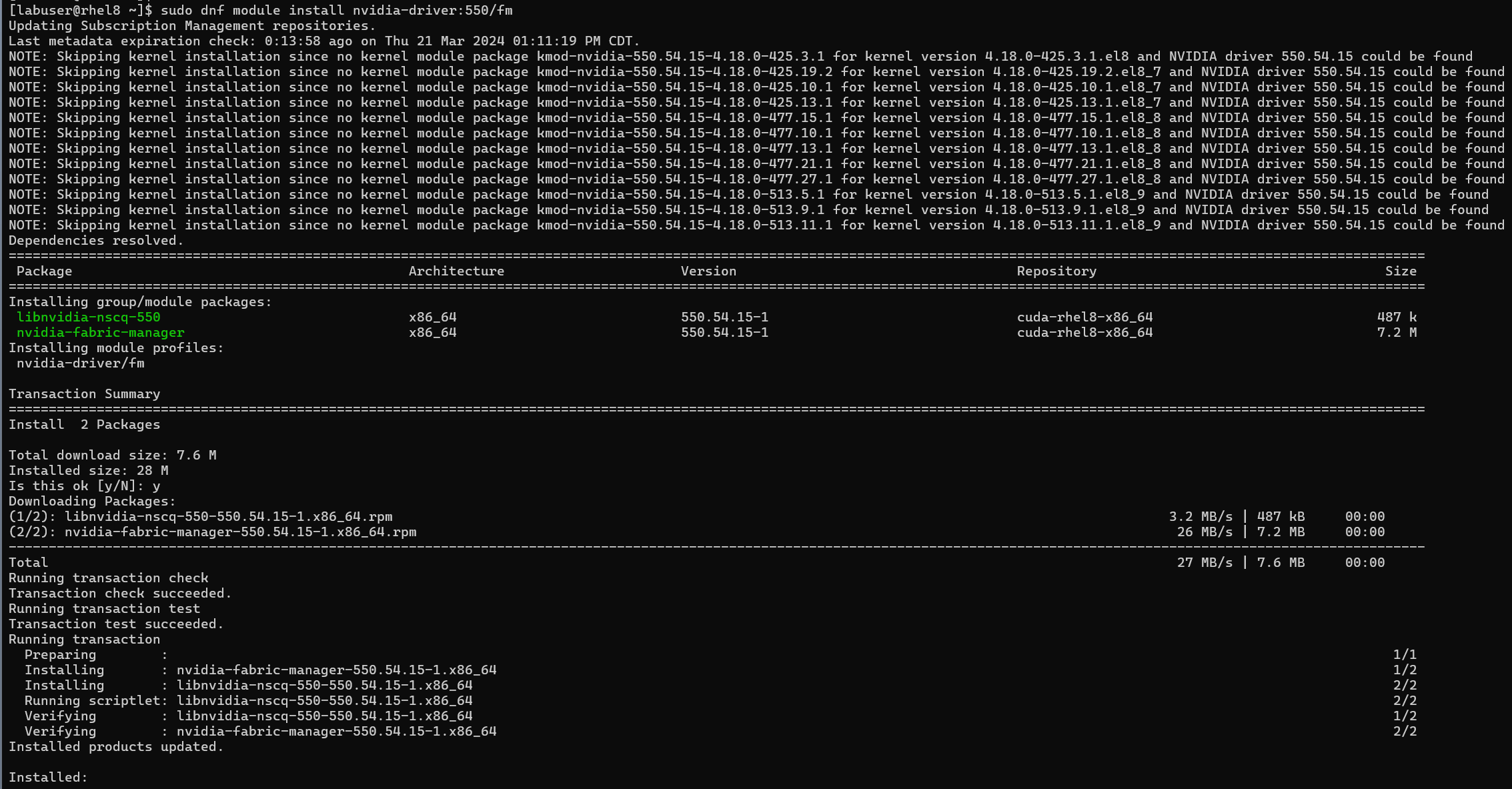 執行「sudo dnf module install nvidia-driver:550/fm」的終端機輸出