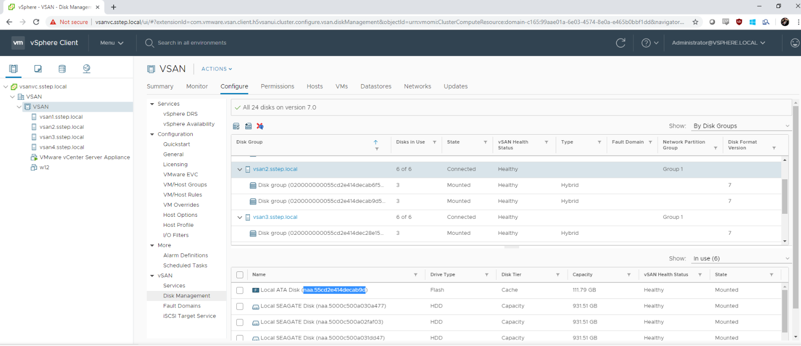 Sección Administración de discos vSAN de la interfaz de vCenter vSphere HTML5