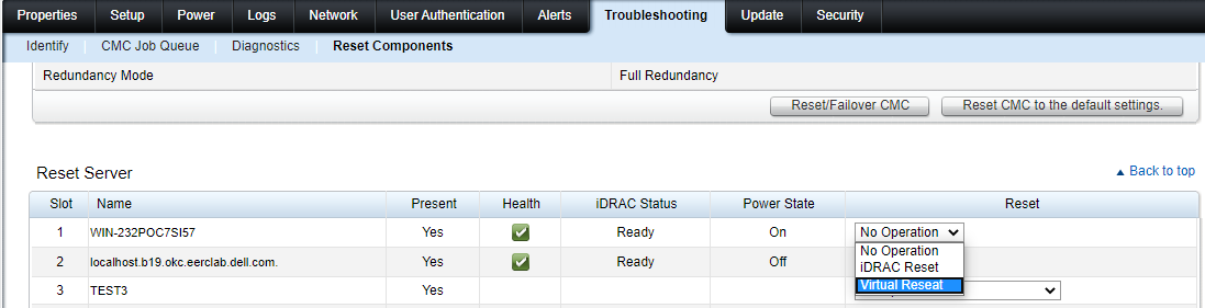 The picture shows Chassis Overview > Troubleshooting&nbsp;>&nbsp;Reset Components > virtual reseat option