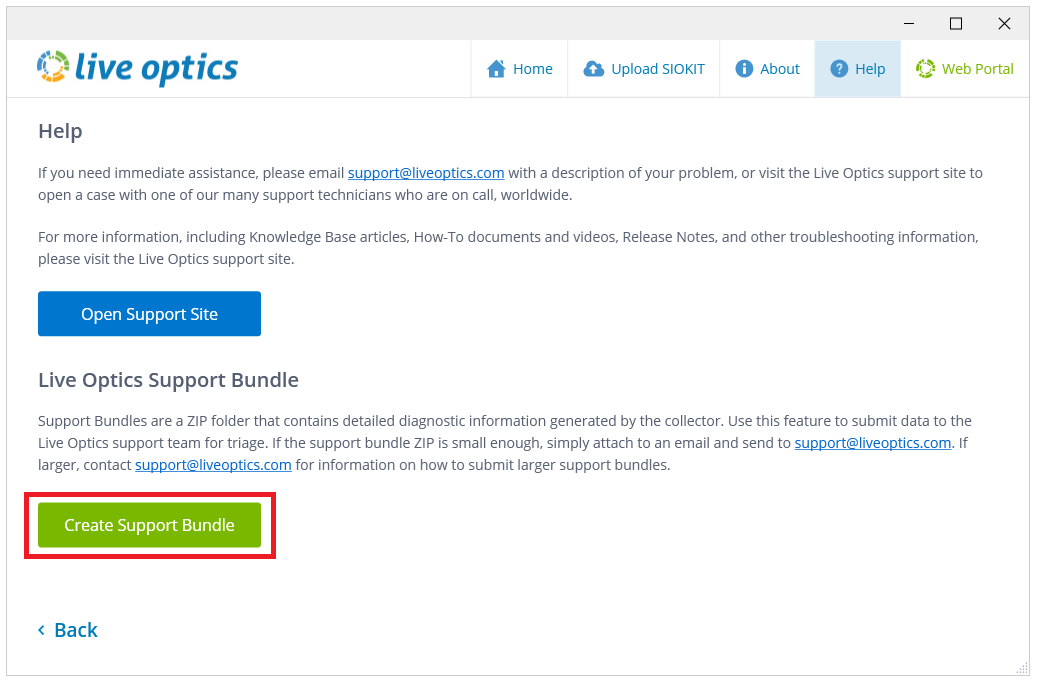Sur l’écran d’aide, cliquez sur « Create Support Bundle »