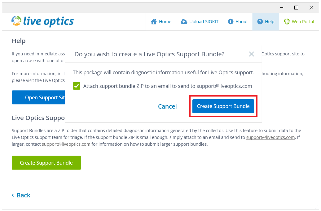 Laissez la case cochée et cliquez sur « Create Support Bundle »