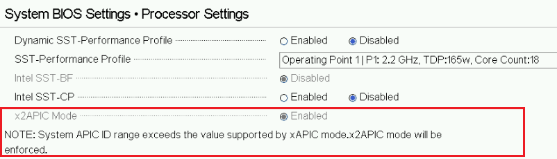 Captura de pantalla del modo x2APIC de la configuración del BIOS
