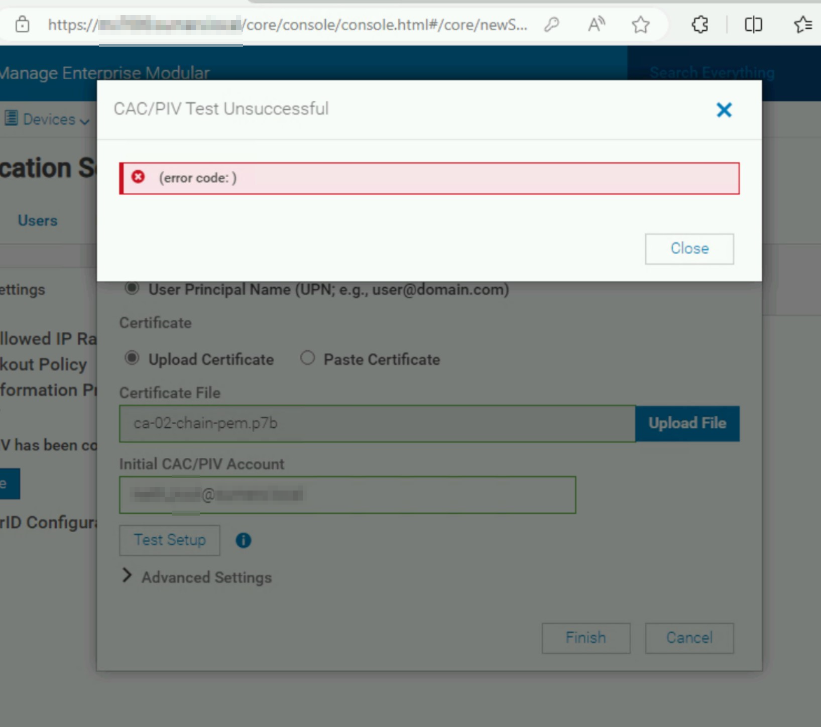 Cuadro de mensaje de error no seccessful de prueba CAC/PIV