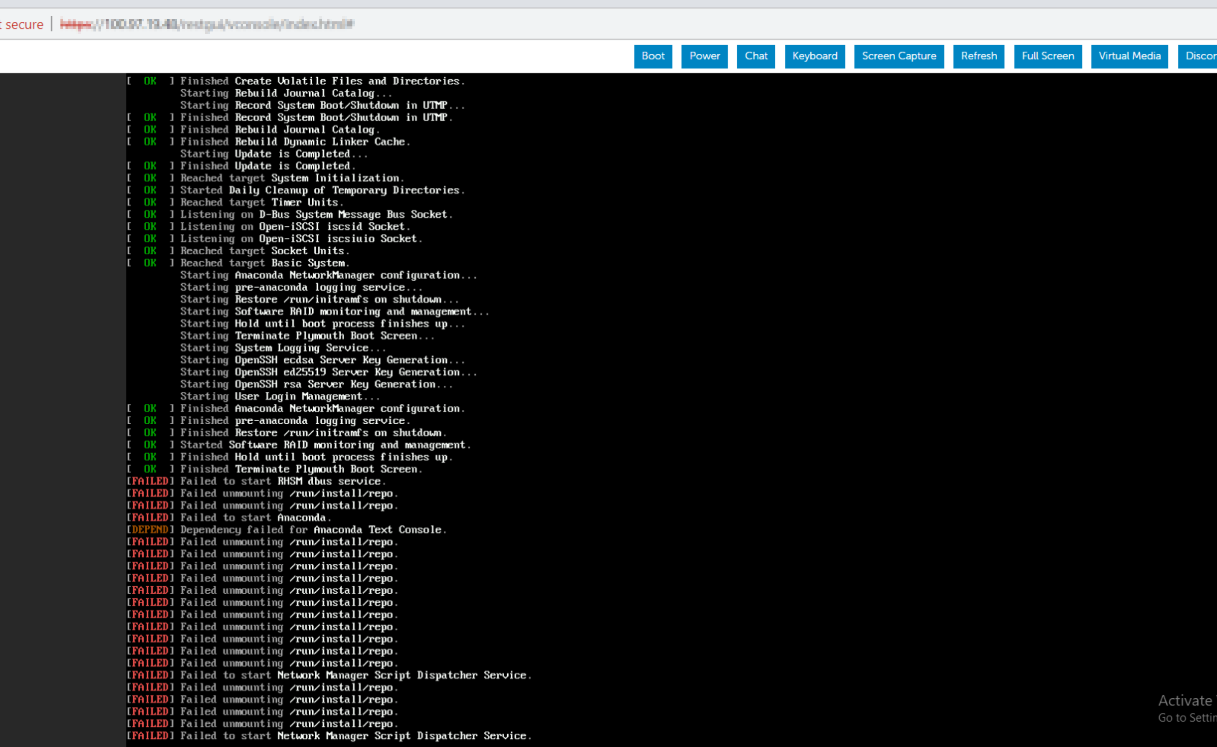 Captura de pantalla que muestra fallas en la instalación de Linux debido a un RFS lento