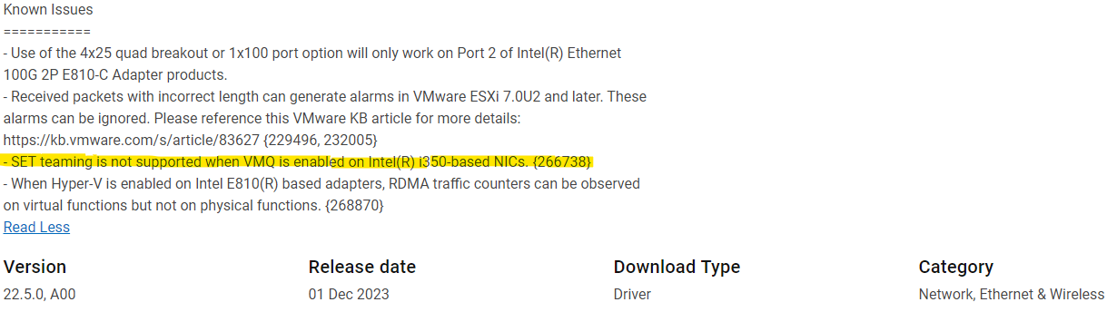 Screenshot della sezione Problemi noti della descrizione del driver dalla pagina di download