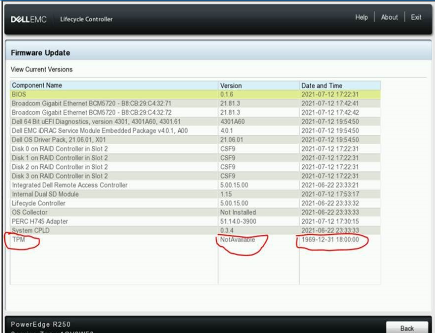 TPM platform&nbsp;T150, T350, R250, and R350&nbsp;report the TPM's 'version' and 'Date & time' information is wrong at the Lifecycle controller.&nbsp;