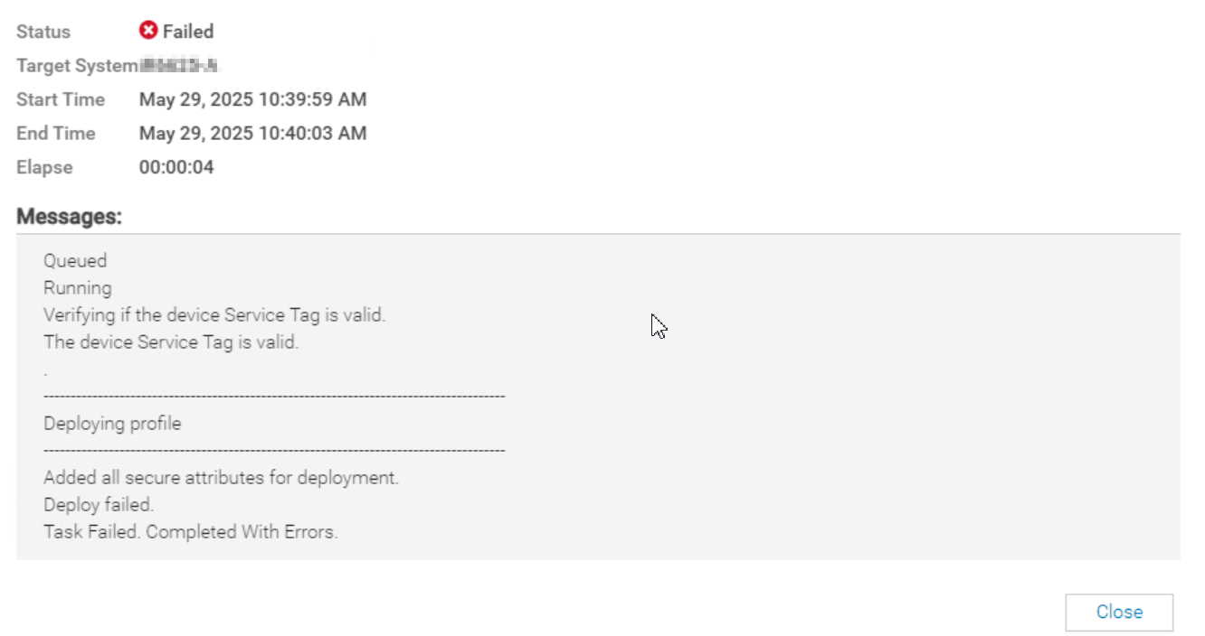 Échec de la tâche de déploiement du modèle OpenManage Enterprise