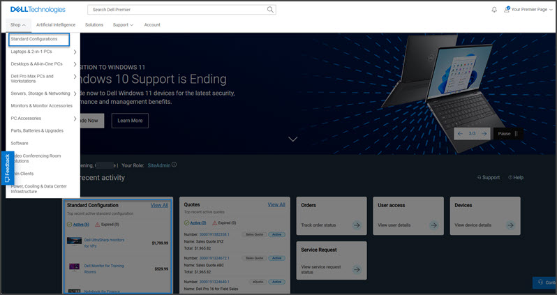 Accesso alle configurazioni standard