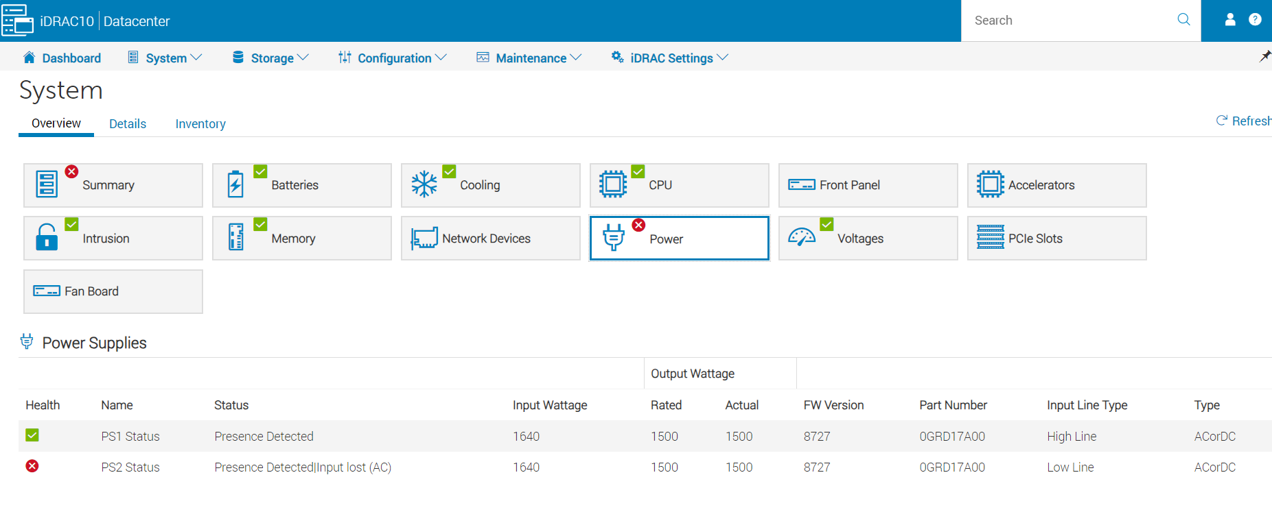 iDRAC power supply GUI