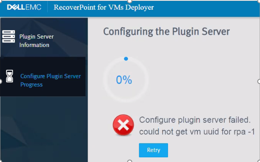 In de gebruikersinterface van RecoverPoint voor VM's wordt het foutbericht 'Configure plug-in server failed' weergegeven