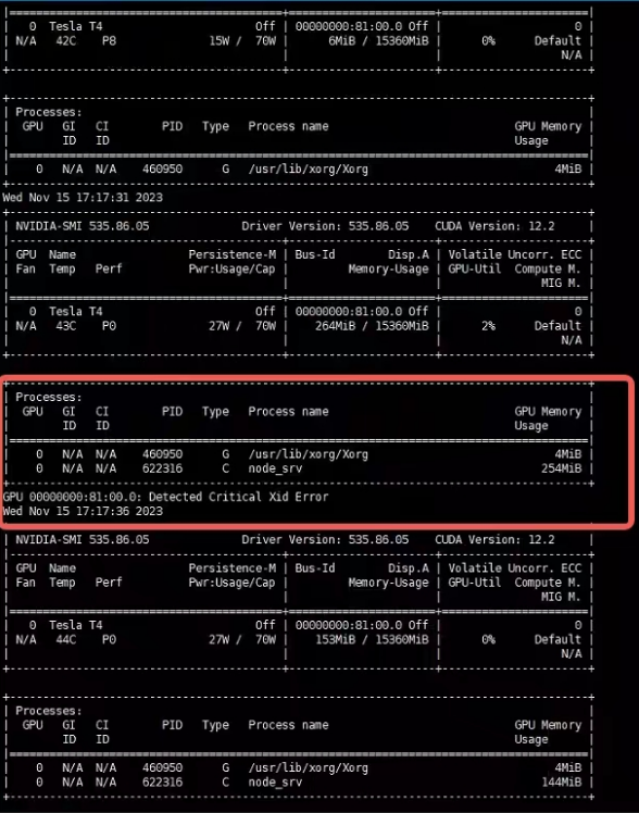애플리케이션 프로그램을 실행하는 NVIDIA T4 GPU가 장착된 PowerEdge R7515에서 심각한 Xid 오류가 감지되었으며 GPU 처리가 중단되었습니다.