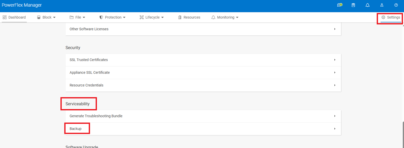 Navigieren Sie zu Settings => Serviceability => Backup.&nbsp;