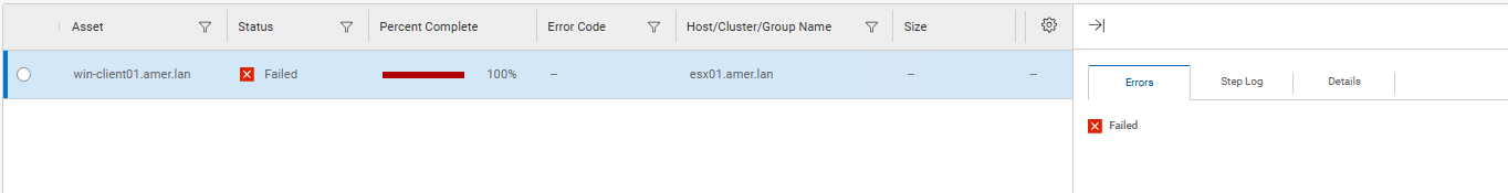 실패한 작업 세부 정보를 보여주는 PowerProtect Data Manager UI