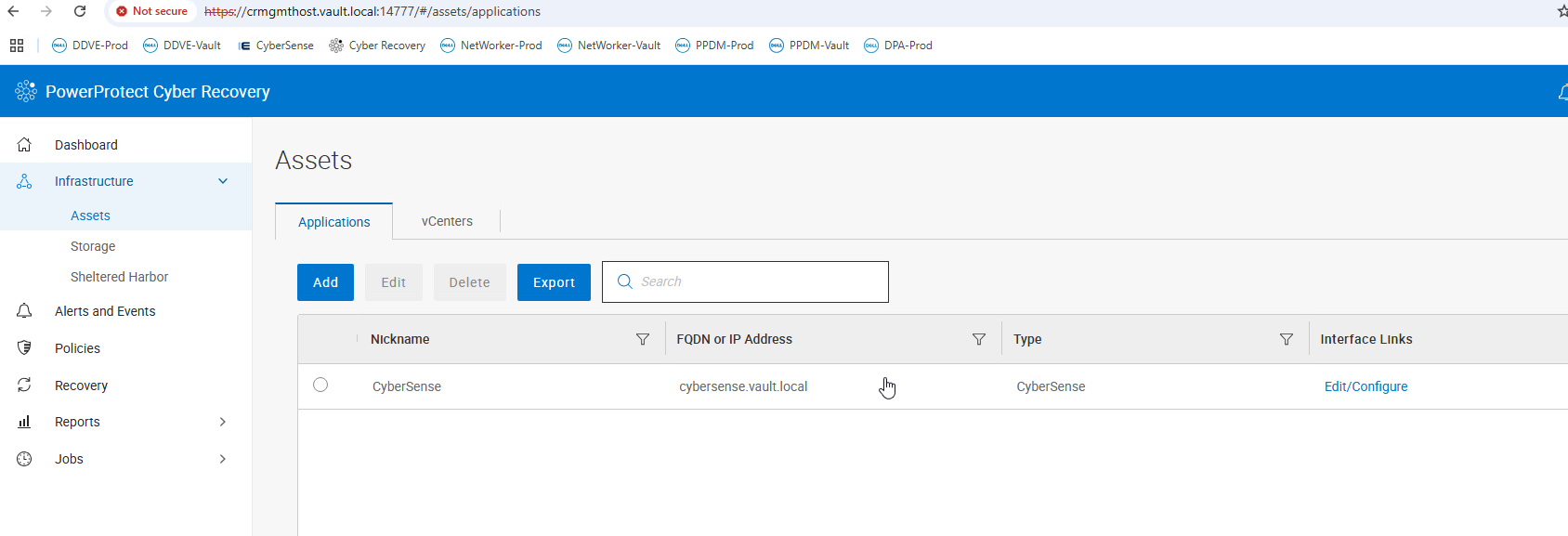 [Infrastructure]の[> Assests]タブが表示されたPowerProtect Cyber Recovery UI