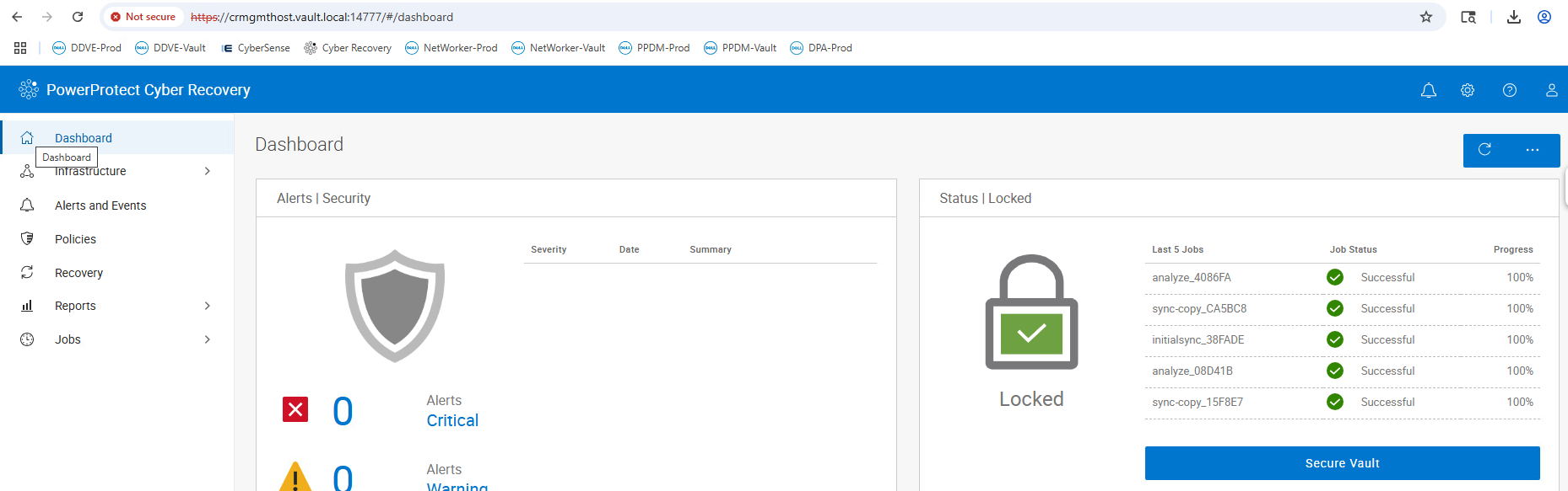 대시보드 로그인을 보여주는 PowerProtect Cyber Recovery UI