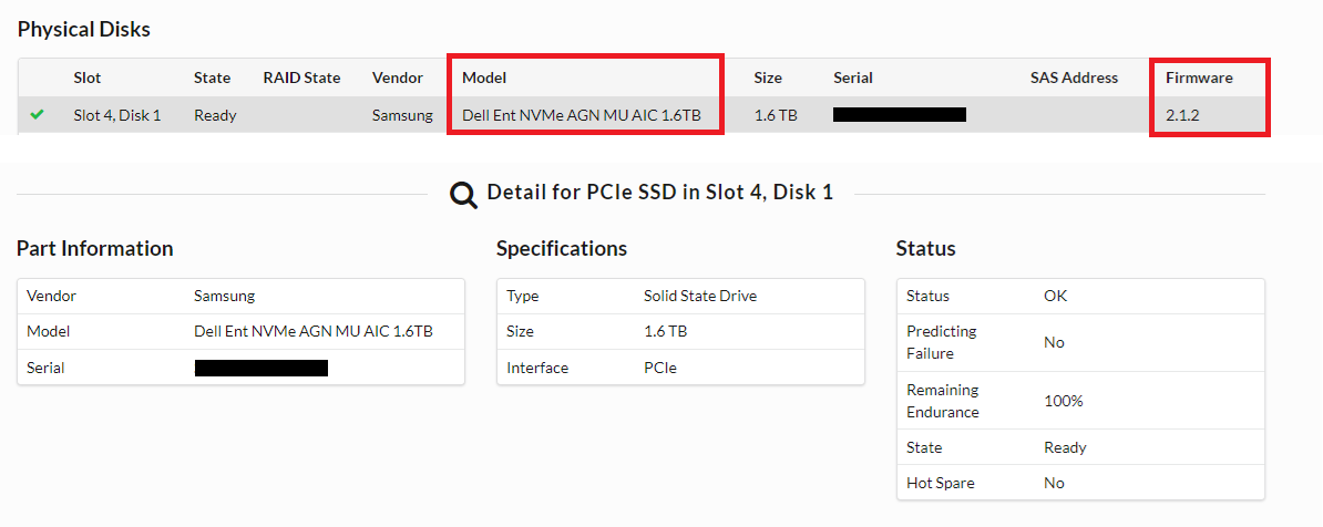 Dal registro TSR, la scheda NVMe PM1735 è denominata Dell Ent NVMe AGN MU AIC 1.6TB