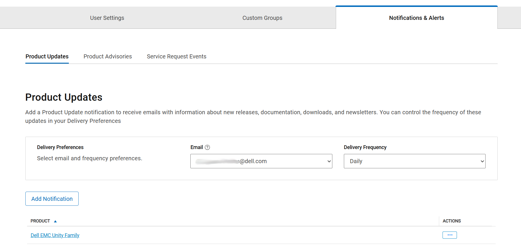 Una imagen de la sección de actualización de productos de dell.com donde puede configurar notificaciones