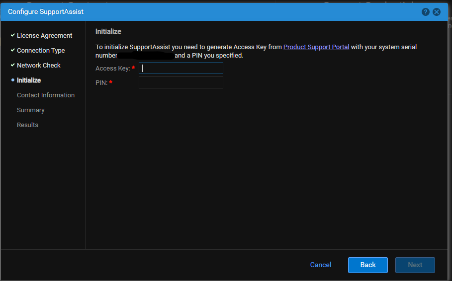 (SOLO para configuraciones de SupportAssist: la clave y el PIN son necesarios para las configuraciones directas (integradas) o de servidor de gateway (centralizadas))