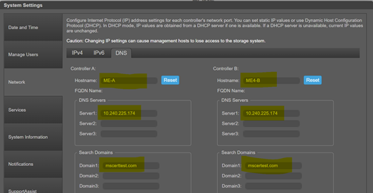 Bildet viser PowerVault Manager GUI som viser DNS-innstillinger for kontroller.
