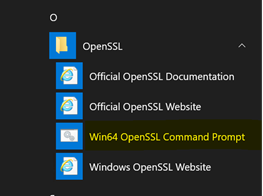 Billedet viser OpenSSL-posterne i menuen Start i Windows og fremhæver