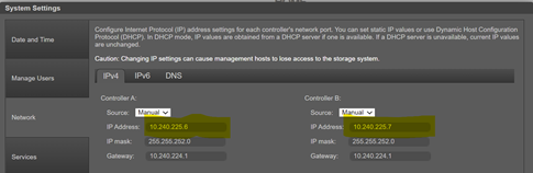 Afbeelding toont de PowerVault Manager GUI met IPv4-IP-adressen van de controller