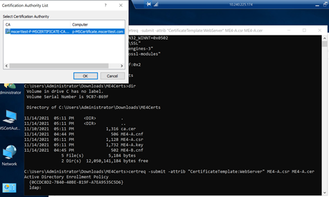 画像は、ADCSサーバーでコマンドを実行したときに、ADCSと選択オプションを表示するダイアログ ボックスを示しています。