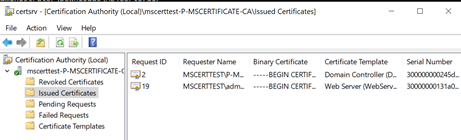 Issued Certificates 아래에 유효한 인증서가 있는 AD 인증 기관에 대한 MMC 창을 보여주는 이미지입니다.