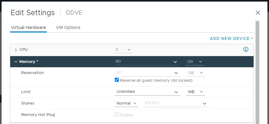 Reserve all guest memory All locked 옵션을 선택합니다.