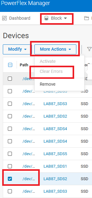  Clear Errors(오류 상태에 있는 디바이스에 대해서만 활성화됨)