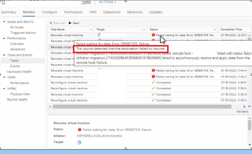 Error: The Source detected that the destination failed to resume