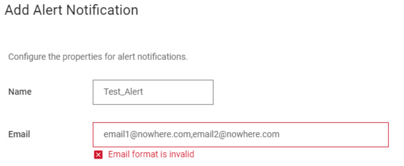 A interface do usuário do PowerProtect Data Manager mostrando que o formato do e-mail de alerta é inválida