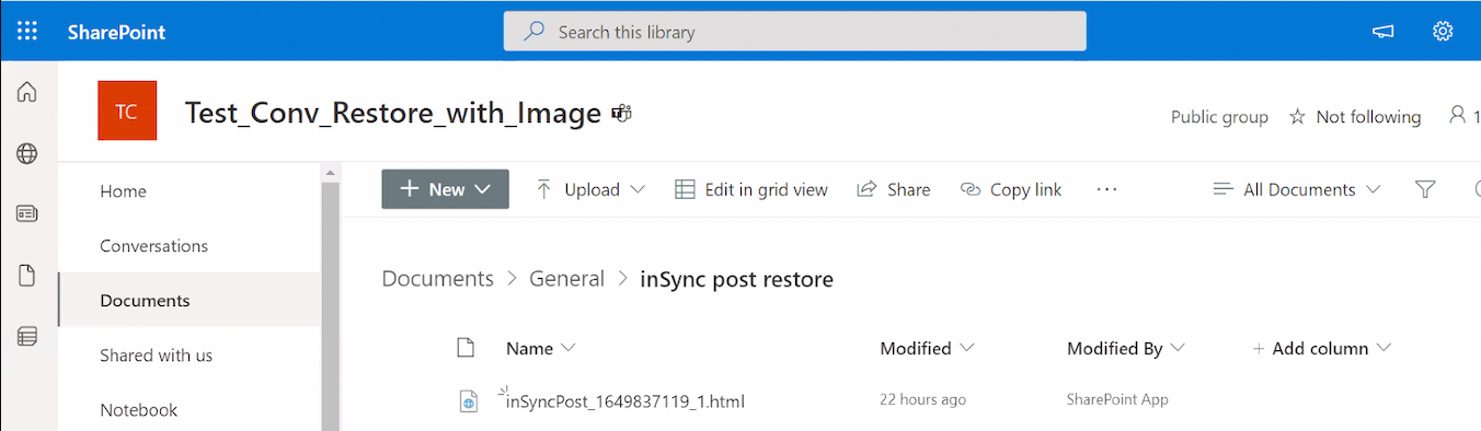 Captura de tela mostrando a tela depois de usar o link do SharePoint
