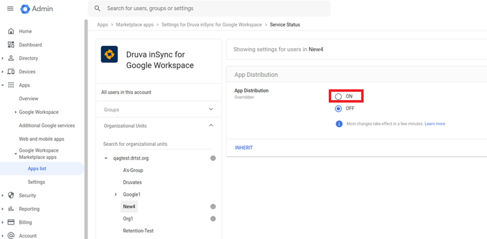 La configuración de distribución de aplicaciones para la aplicación Druva InSync debe estar 