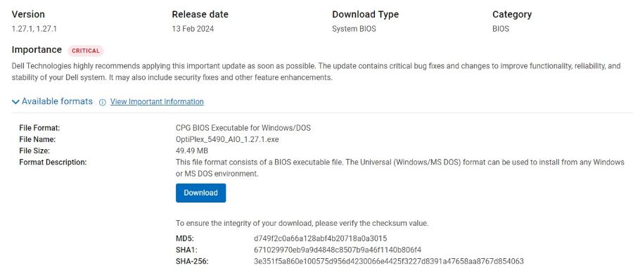 BIOS del sistema de Dell OptiPlex 5490 todo en uno, versión 1.27.1.27.1